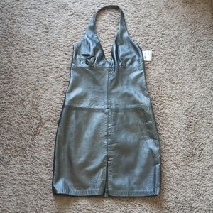 NWT Laundry By Shelli Segal Shiny Silver Pleather Halter Top Dress - SIZE 12
